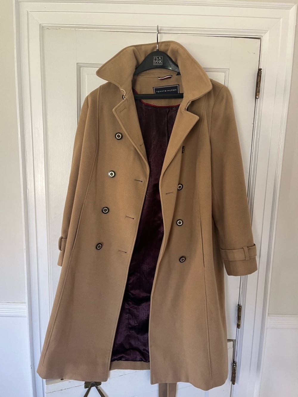 Tommy Hilfiger Tan Wool Coat with Burgundy Lining tortoise shell buttons
